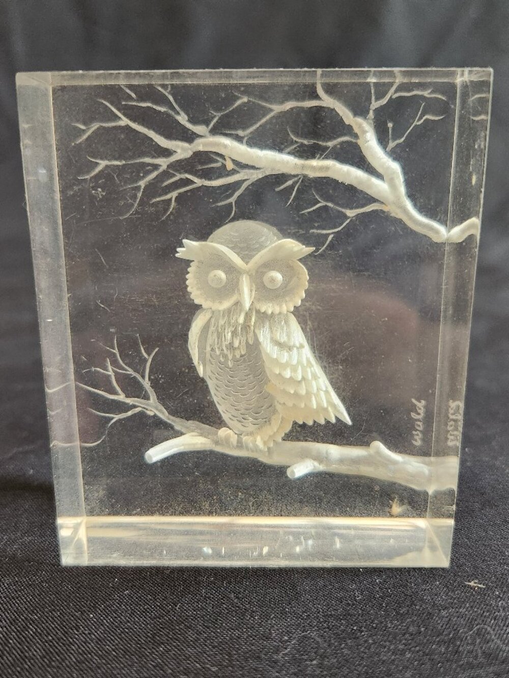 Vintage Lucite Owl Carving Block Paperweight
